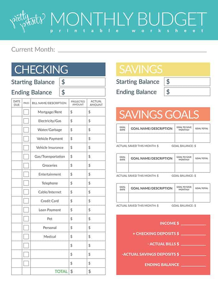 Printable Monthly Budget Worksheet from Pretty Presets